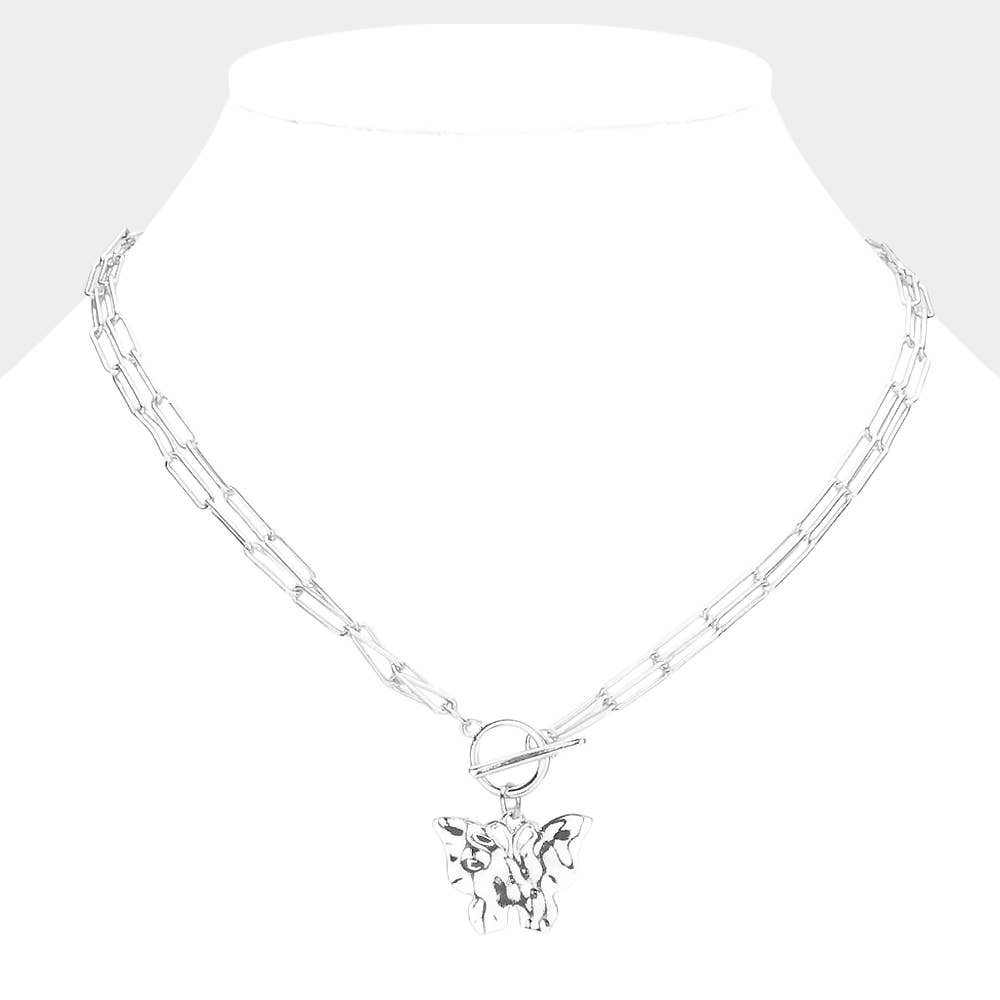 Hammered Metal Butterfly Double Layered Toggle Necklace