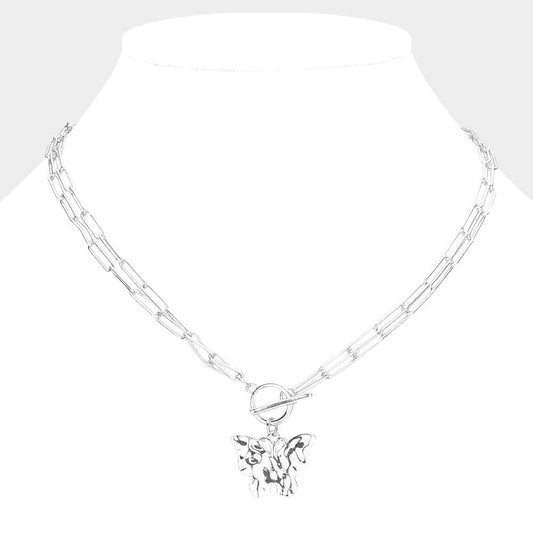 Hammered Metal Butterfly Double Layered Toggle Necklace