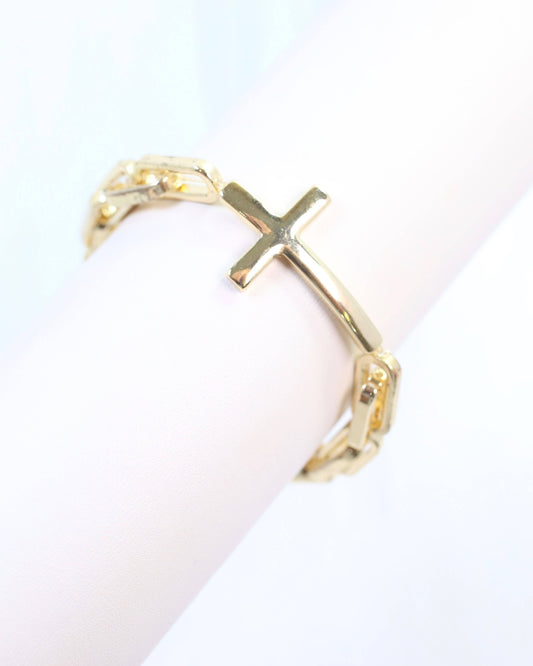 Gold Amelia Link & Large Cross Stretch Bracelet