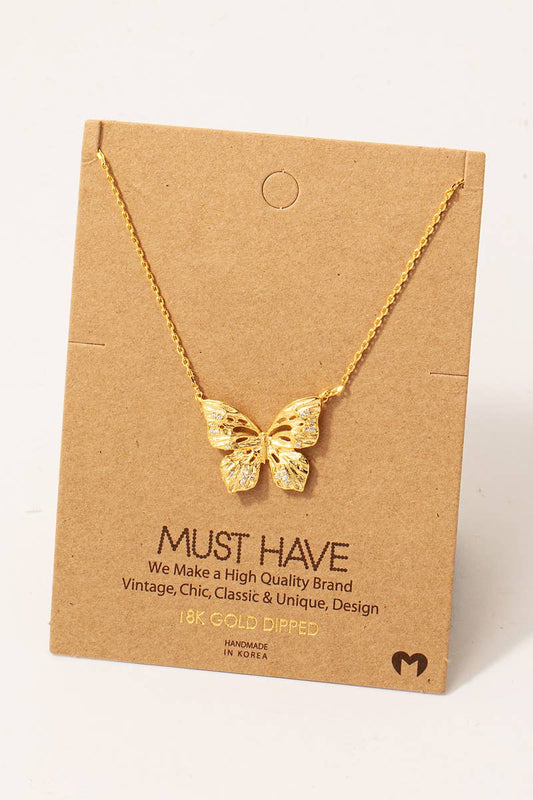 Gold Cz Pave Butterfly Pendant Necklace