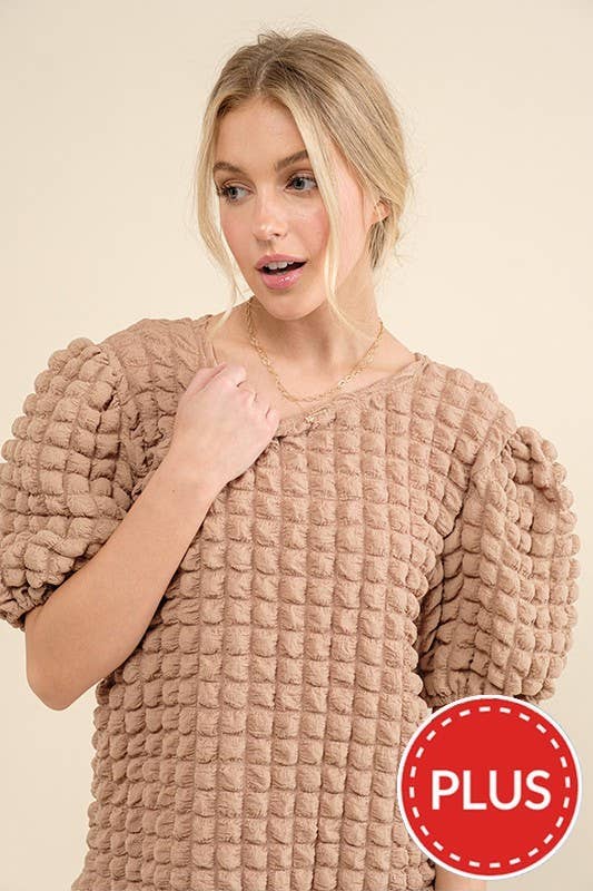 Plus Bubble Textured Round Neck Blouse Top