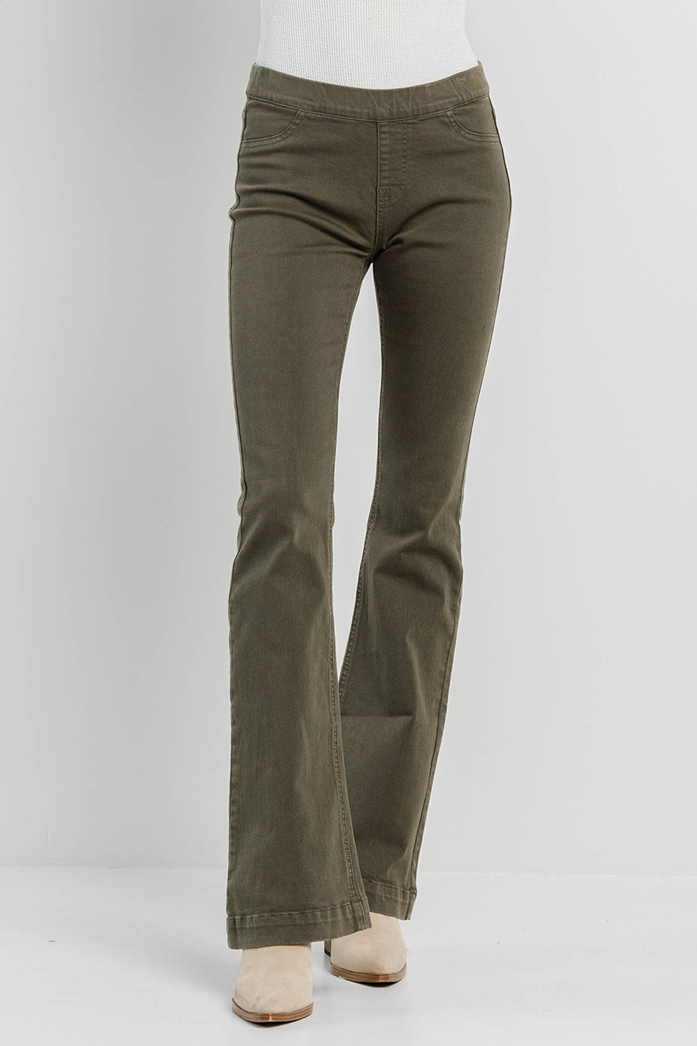 Olive Pull On Flare Jeans