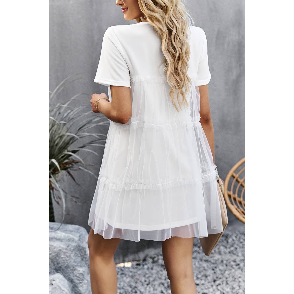 White Solid Lace Hem Ruffle Lined Dress