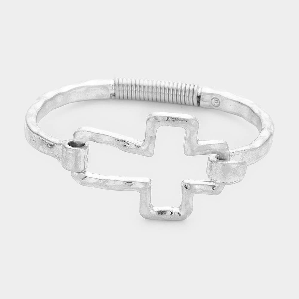 Silver Hammered Open Metal Cross Hook Bracelet
