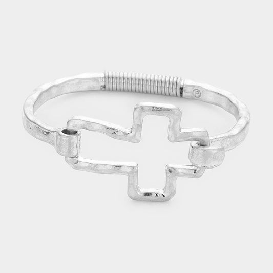 Silver Hammered Open Metal Cross Hook Bracelet