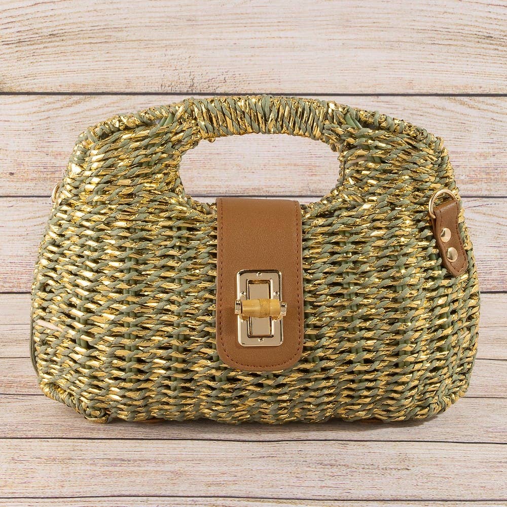 Green Two Tone Straw Woven Handbag