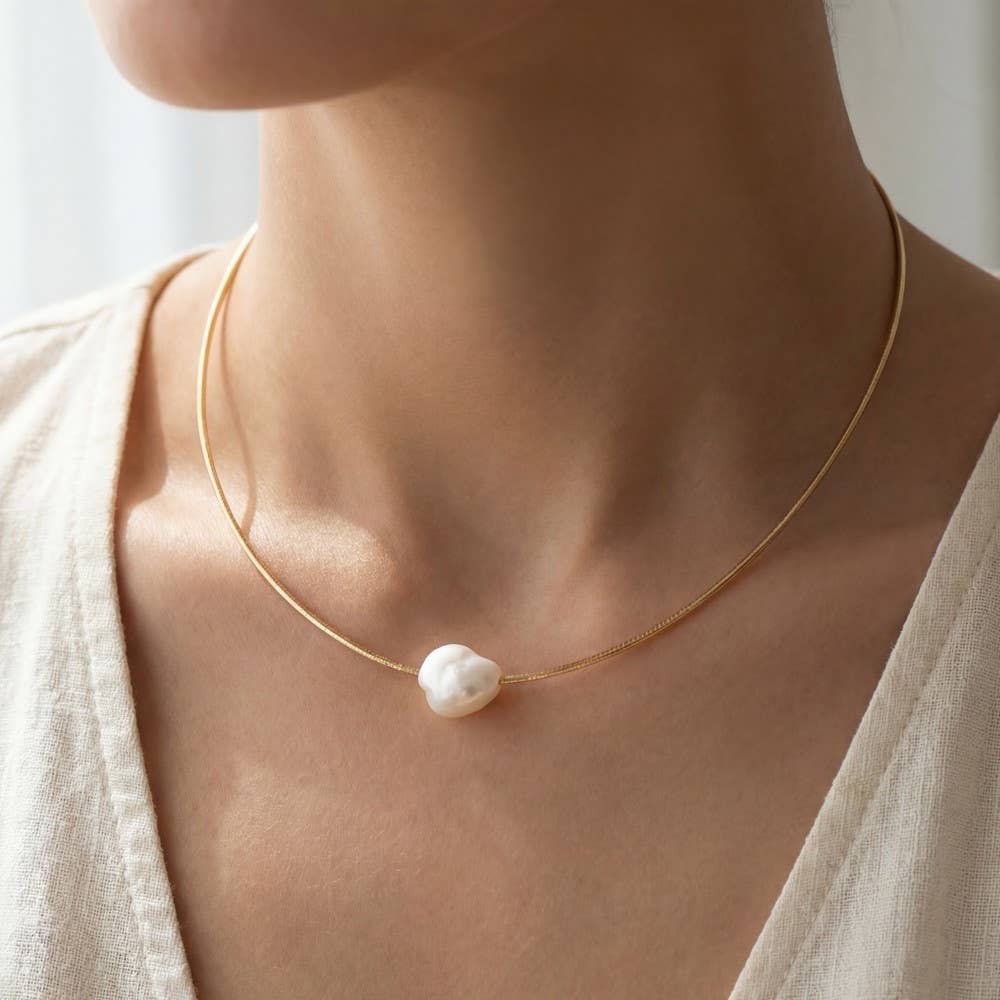 Gold Box Chain Pearl Charm Necklace