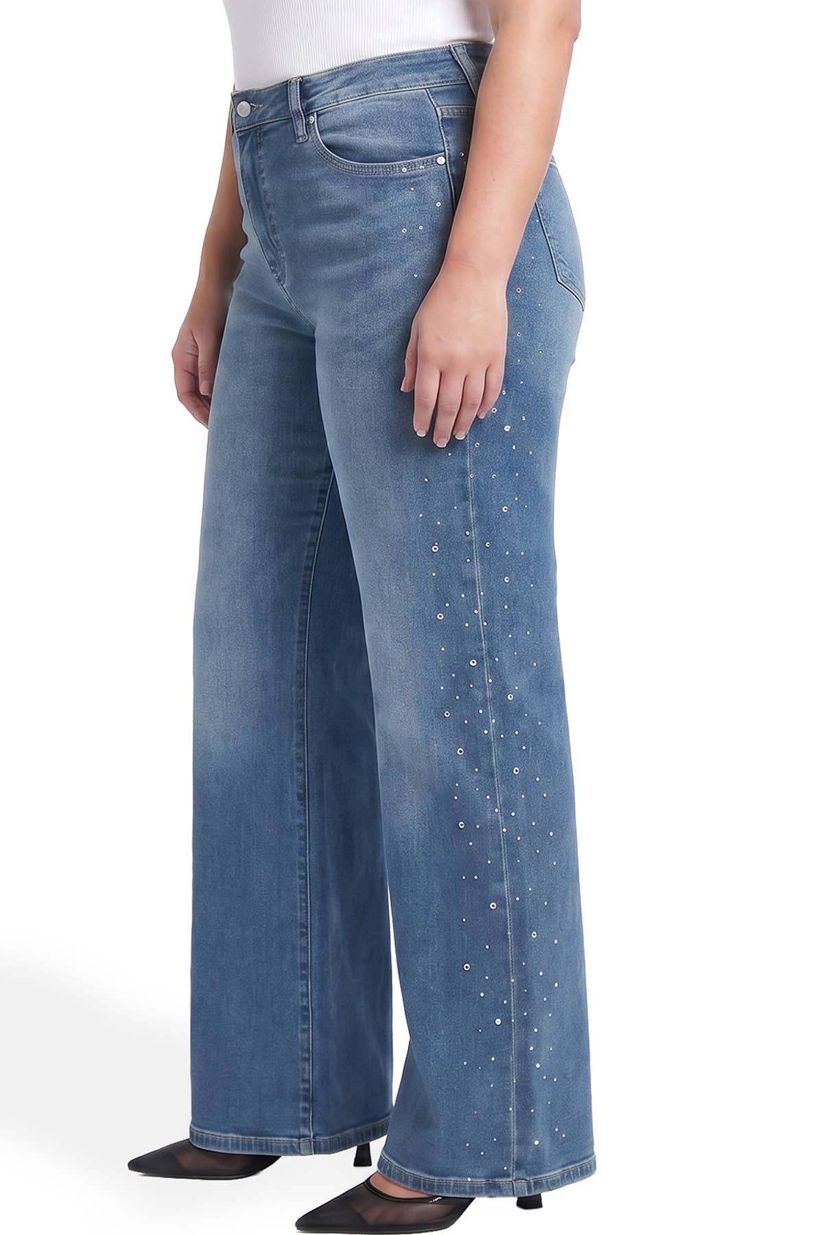 Plus High Rise Wide Leg Jeans w/ Rhinestones