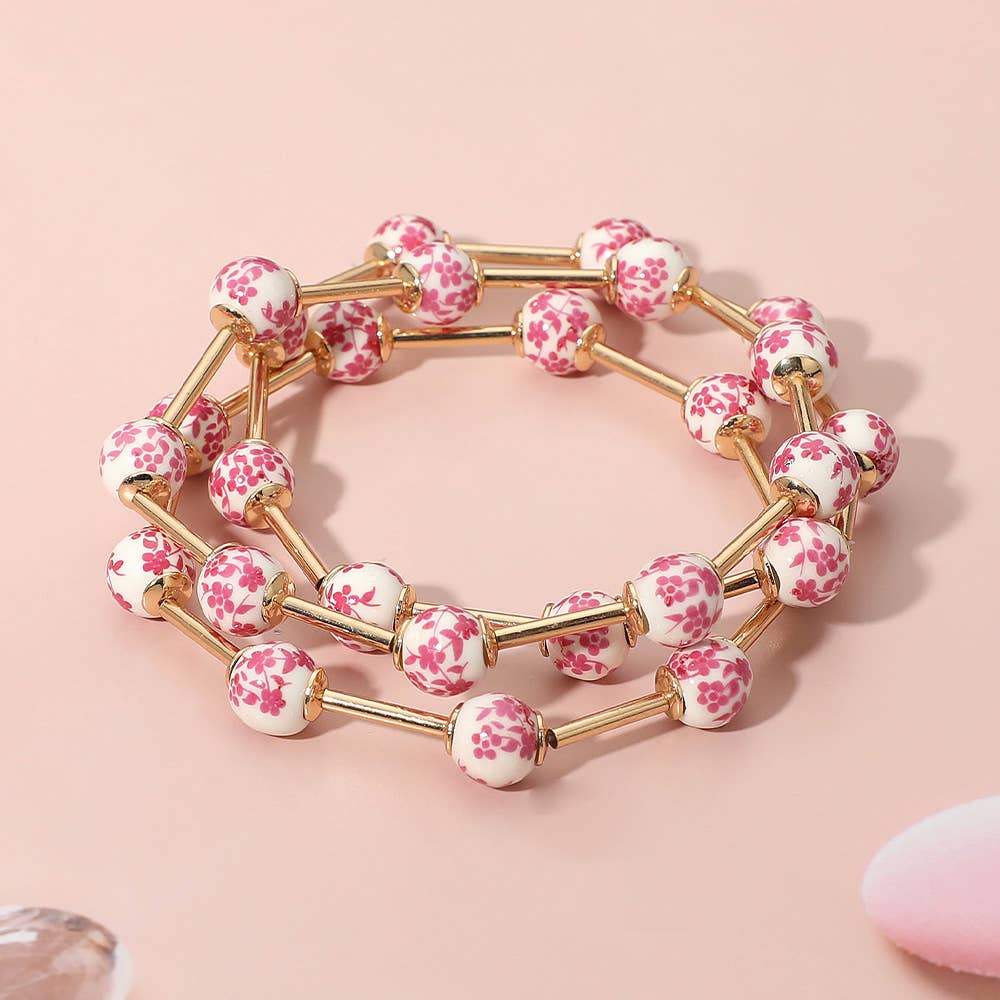 Pink Floral Beaded Stretch Bracelet Set
