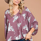 Dusty Mauve Animal Print Bell Sleeve V Neck Top