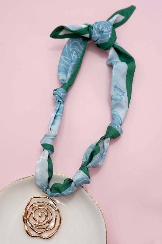 Blue Green Scarf Rose Charm Necklace