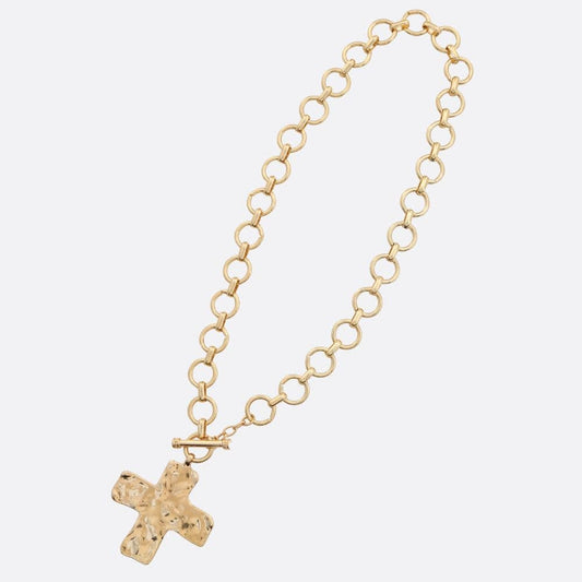 Gold Hammered Cross Toggle Necklace