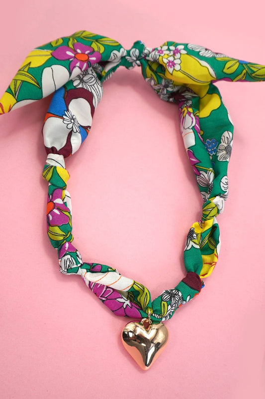 Green Floral Scarf Heart Charm Necklace