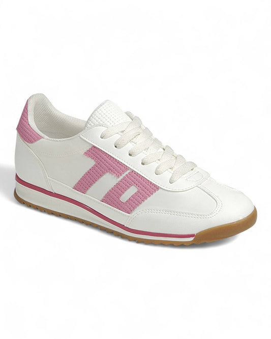 White & Pink Lace Up Sneakers