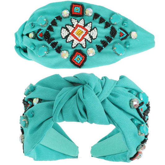 Turquoise Western Aztec Design Top Knotted Beaded Headband