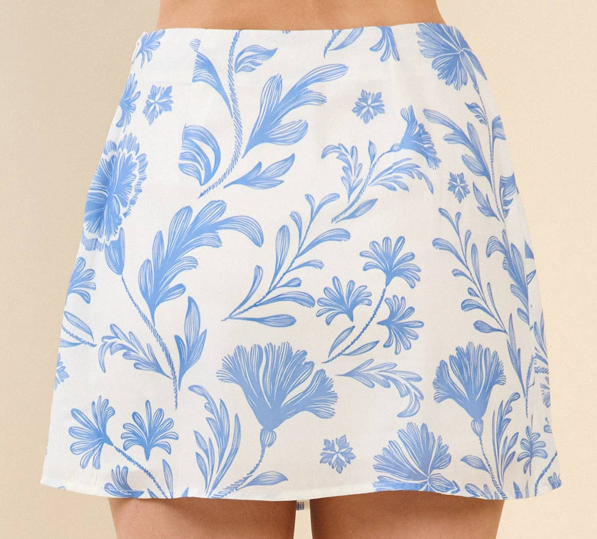 White & Blue Floral Print Mini Skirt