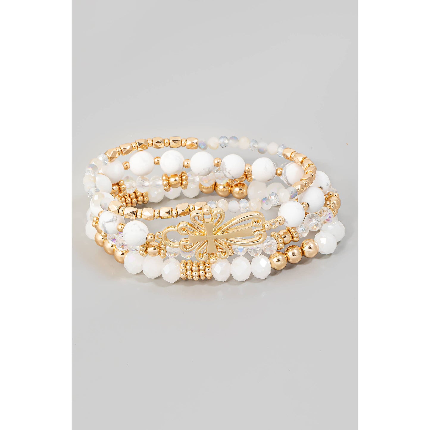 White Ornate Cross Charm Layered Beaded Bracelet Set