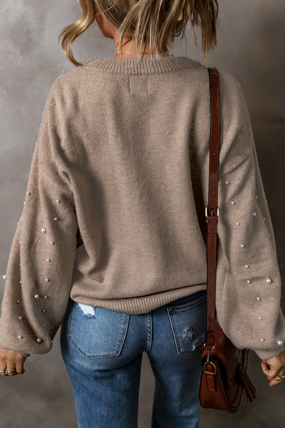 Plus Beige Pearl Drop Shoulder Sweater