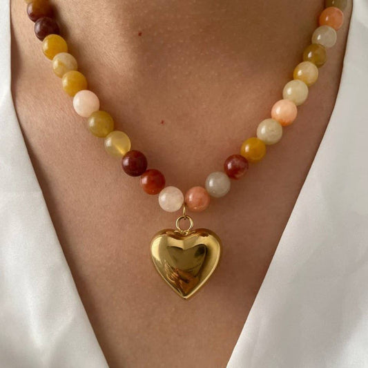 Natural Stone Heart Charm Necklace