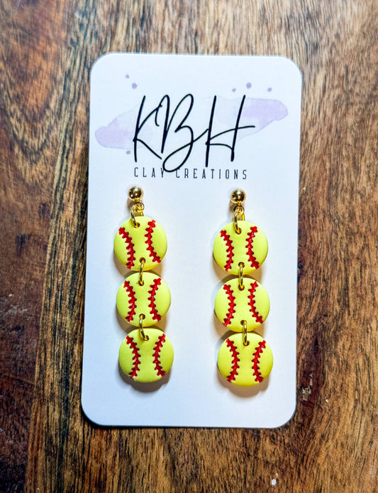 3 Tier Softball Dangle Clay Earrings