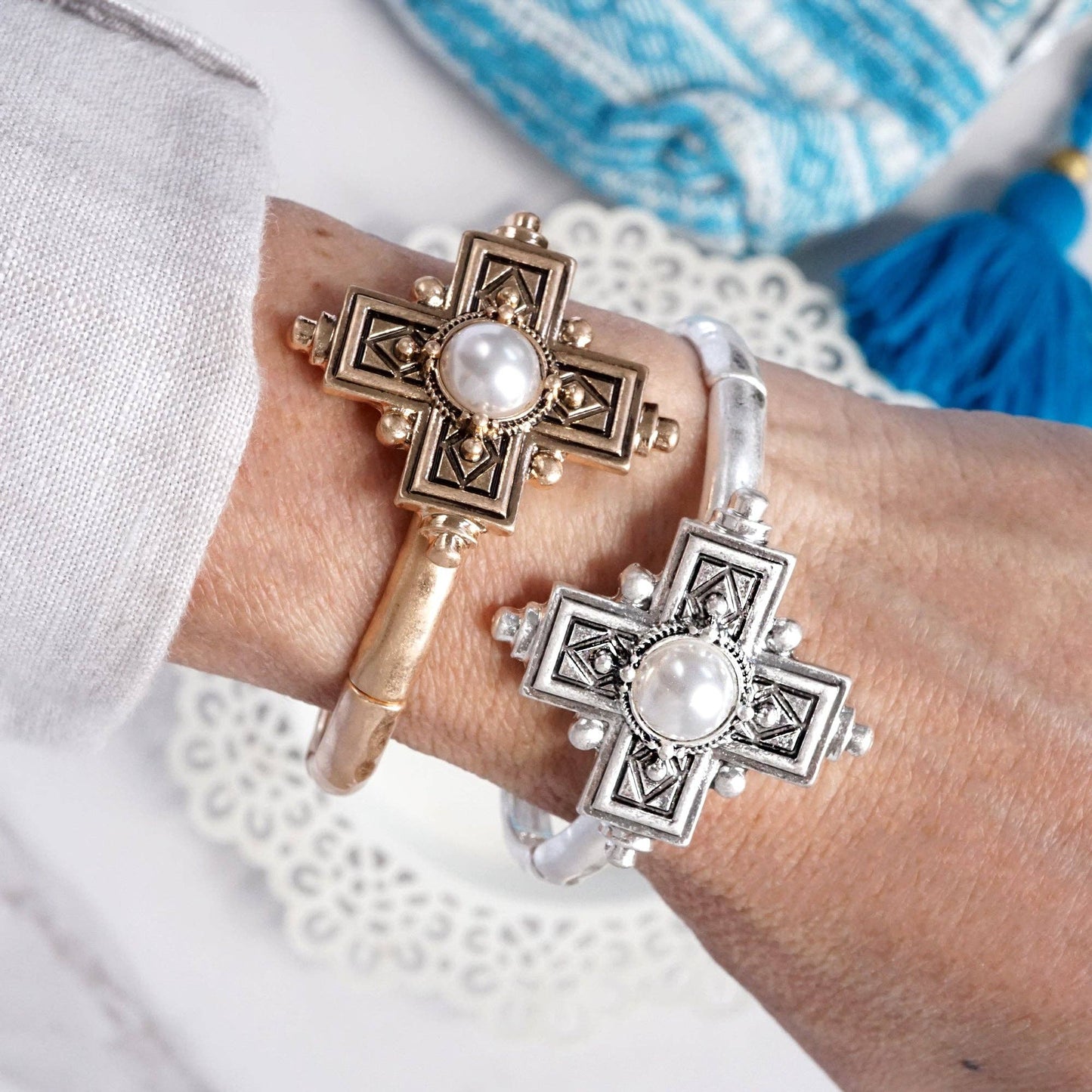 Gold Boho Cross Statement Bangle Bracelet