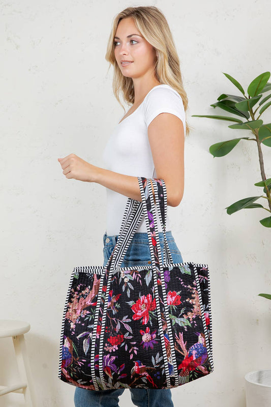 Black Floral Reversible Tote Bag