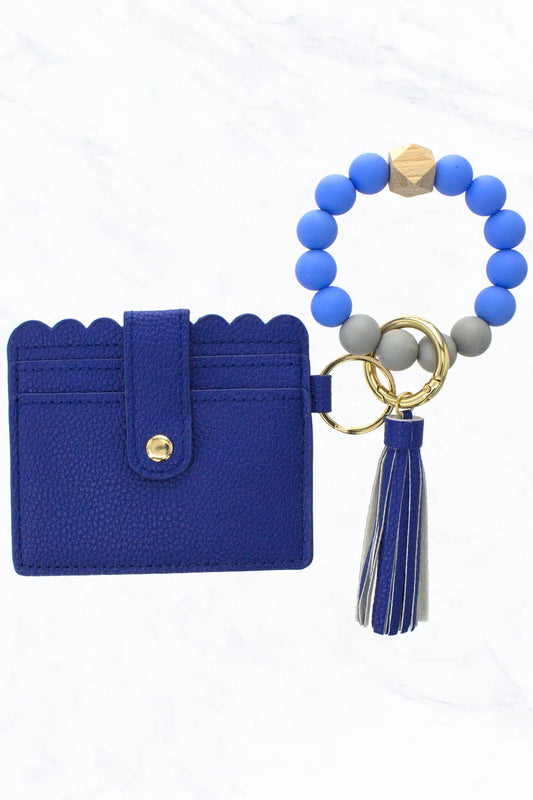 Silicone Bead Bracelet with Card Holder Keychain: Blue