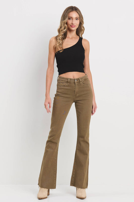 High Rise Army Green Flare Jeans