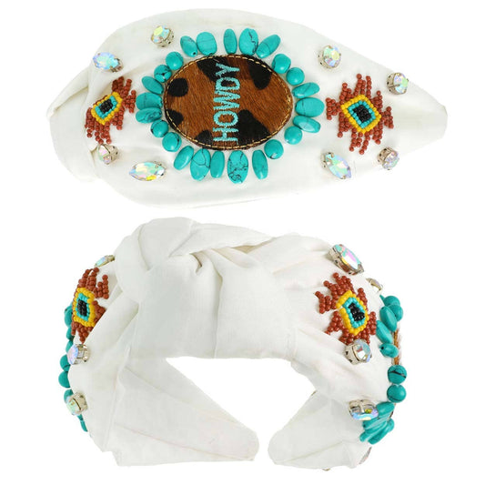White Western Howdy Turquoise Top Knotted Headband