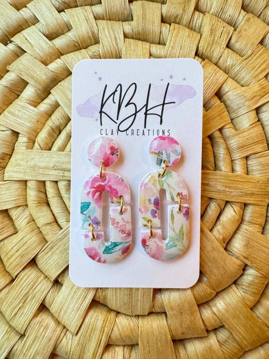 Pink Floral Chain Dangle Clay Earrings