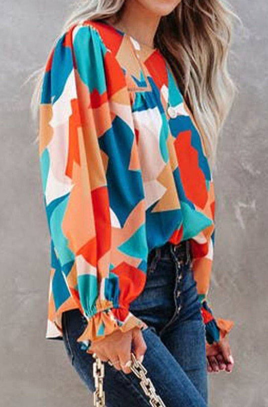 Abstract Puff Sleeve Blouse