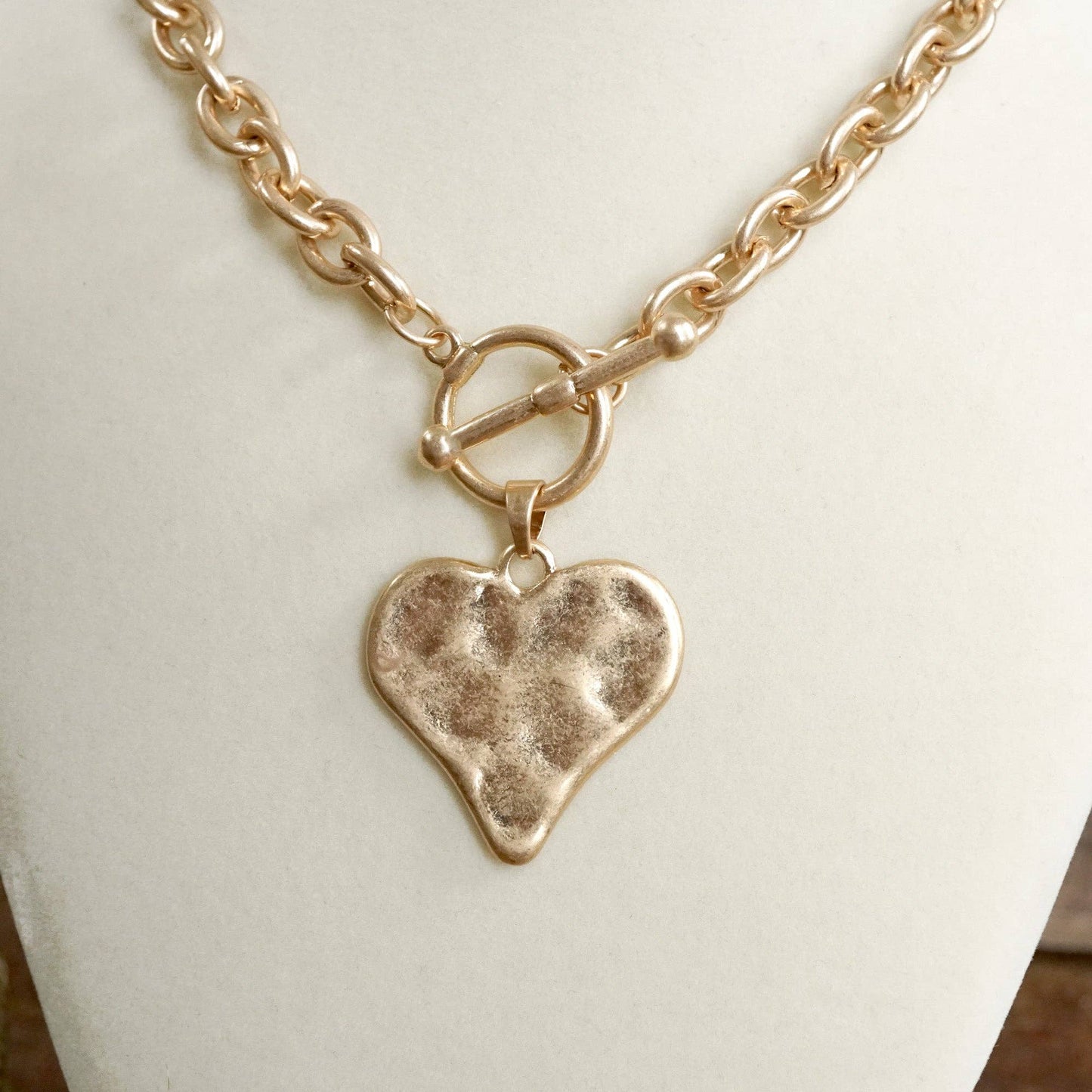 Gold Hammered Heart Toggle Necklace