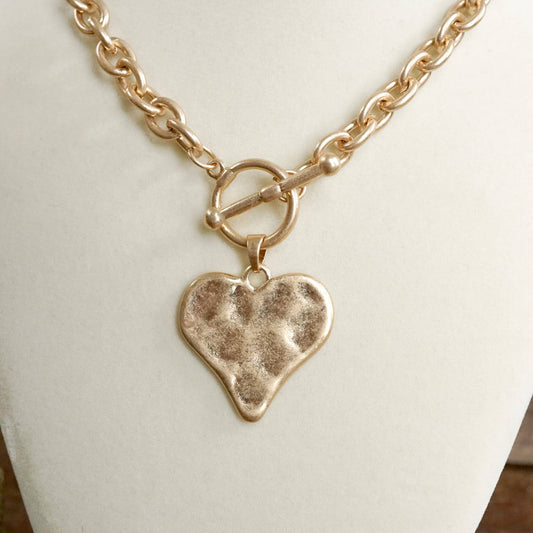 Gold Hammered Heart Toggle Necklace