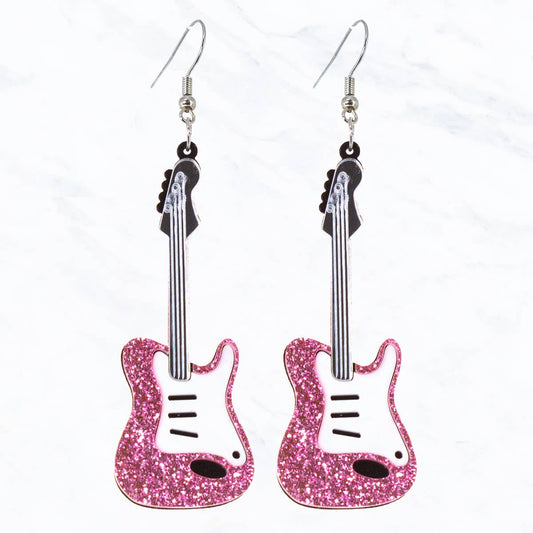 Pink Glitter Guitar Drop Earrings