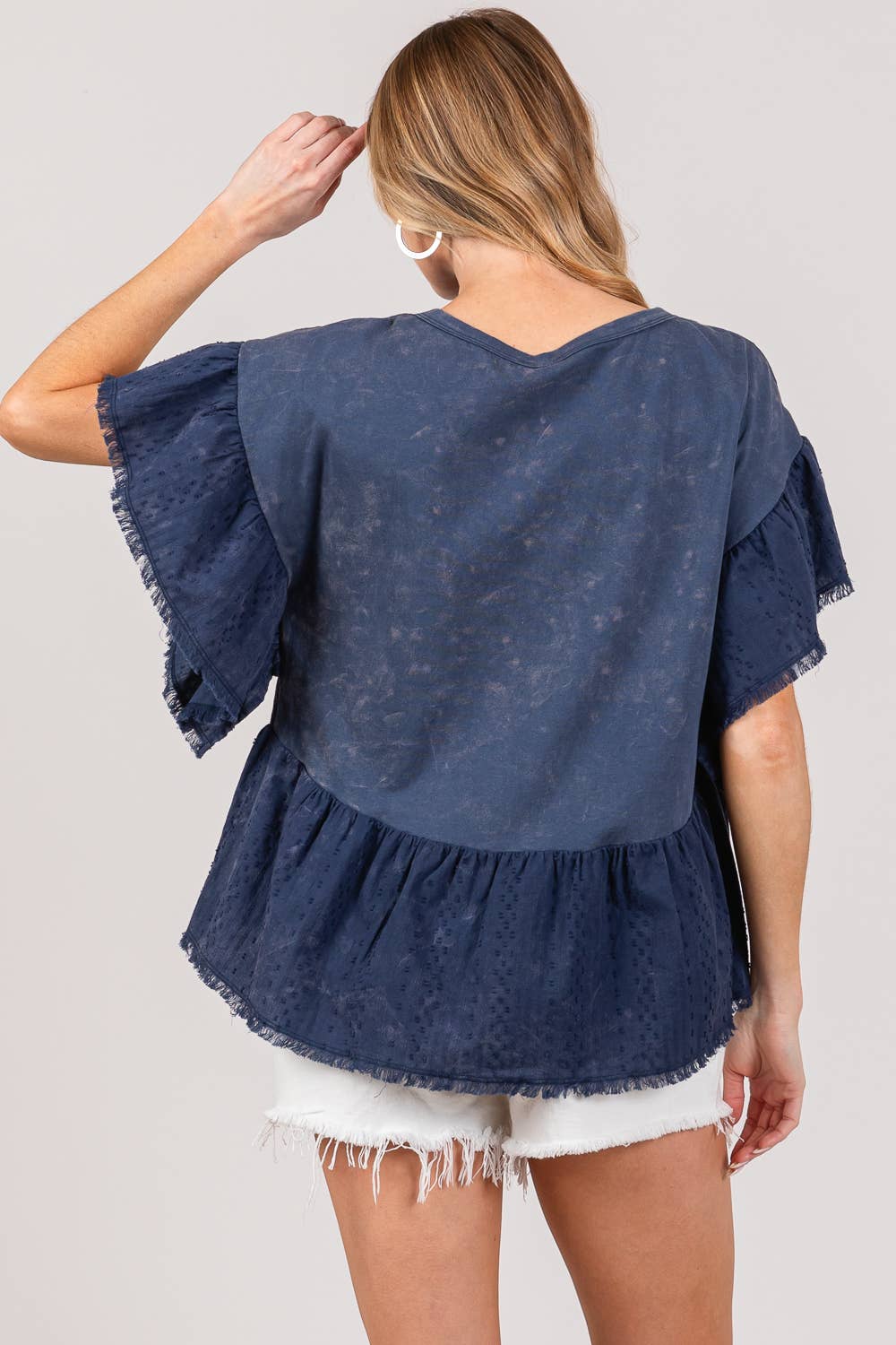 Washed Navy Ruffle Sleeve Top