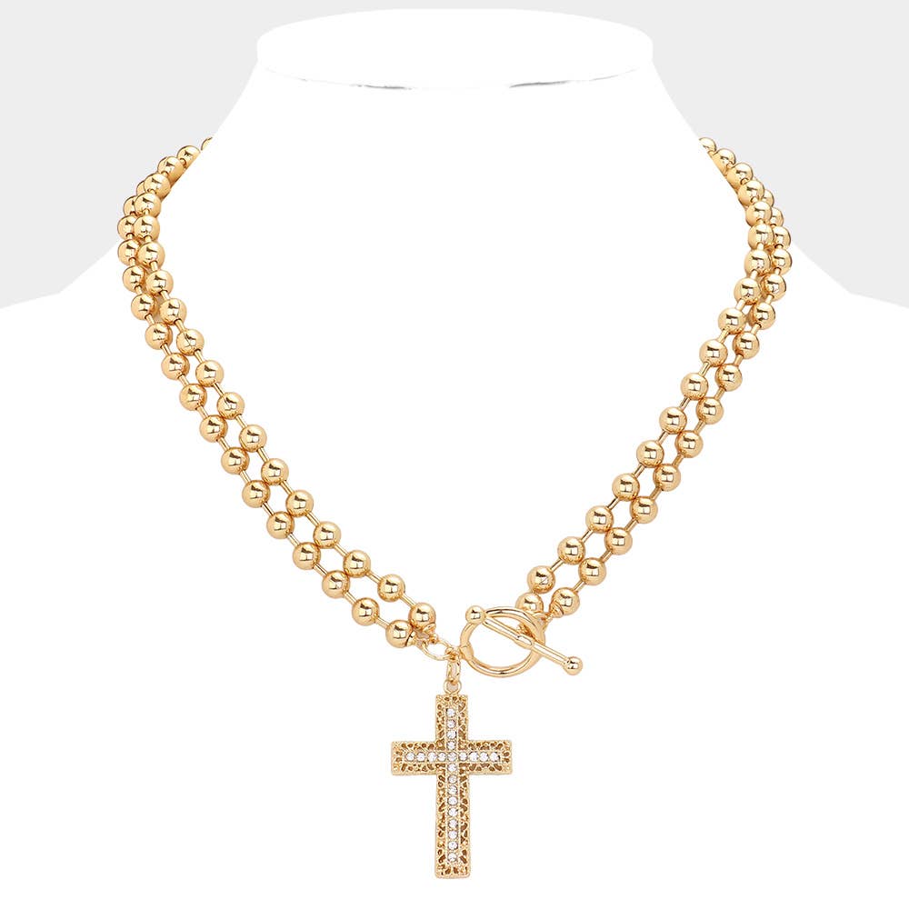 Gold Cross Pendant Bubble Chain Necklace
