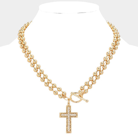 Gold Cross Pendant Bubble Chain Necklace