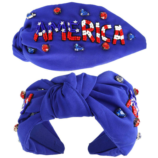 Blue Patriotic America Beaded Lettering Headband