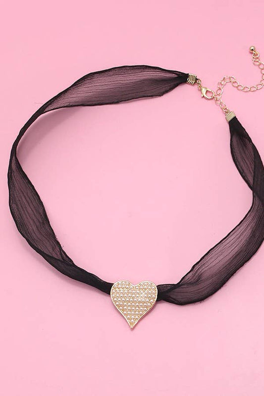 Pearl Heart Sheer Lace Chain Necklace