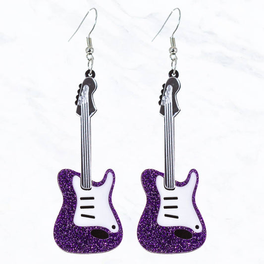 Purple Glitter Guitar Drop Earrings