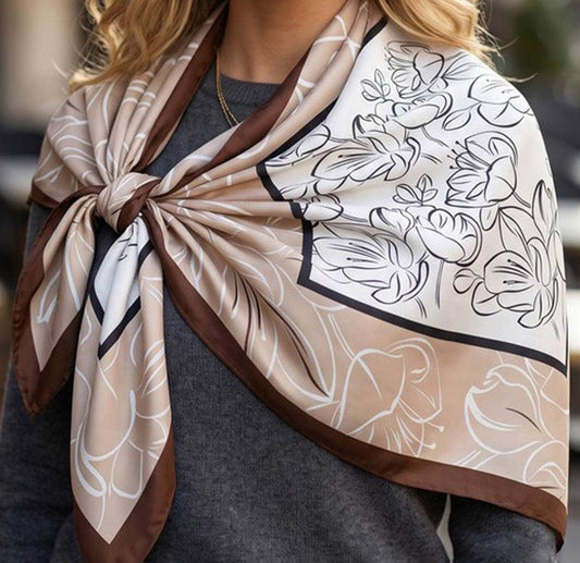 Beige Elegant Cherry Blossom Silky Square Scarf