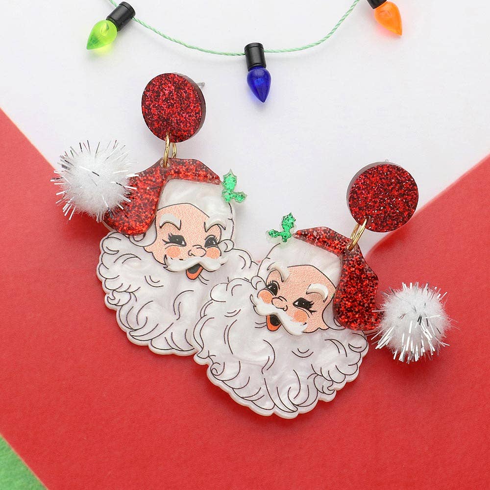 Red Glitter Resin Pom Santa Earrings