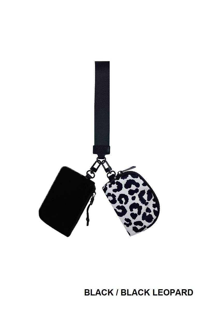 Black Leopard Dual Pouch Wristlet Keychain Wallet
