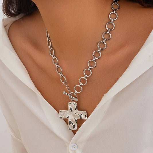 Silver Hammered Cross Toggle Necklace