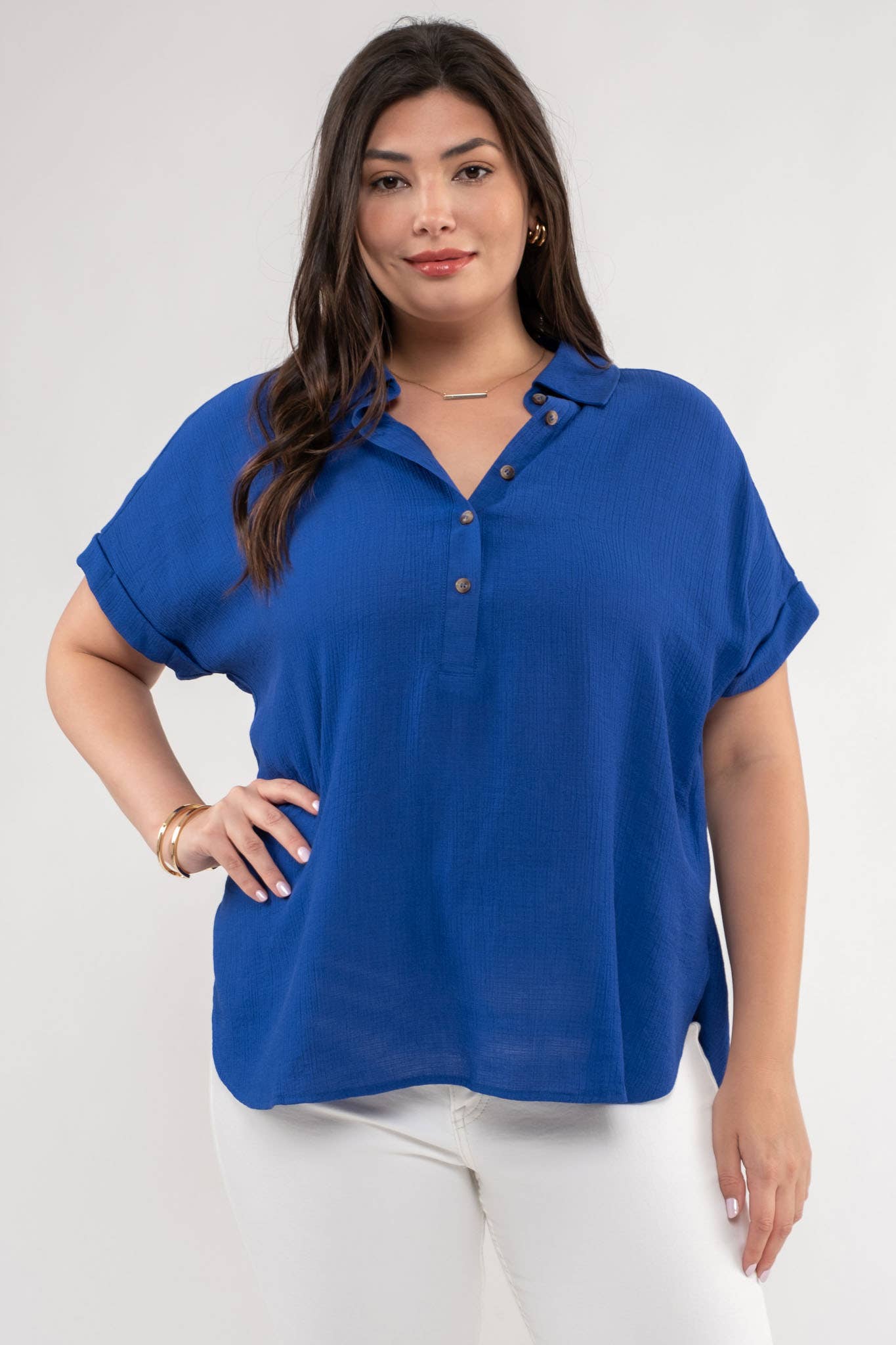 Plus Royal Blue Mid Button Down Top