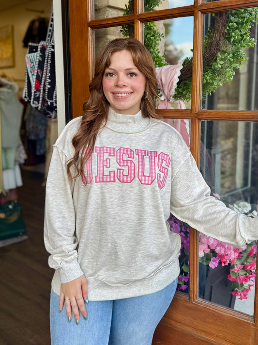Pink Gingham Jesus Mock Neck Sweatshirt