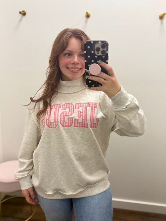 Pink Gingham Jesus Mock Neck Sweatshirt