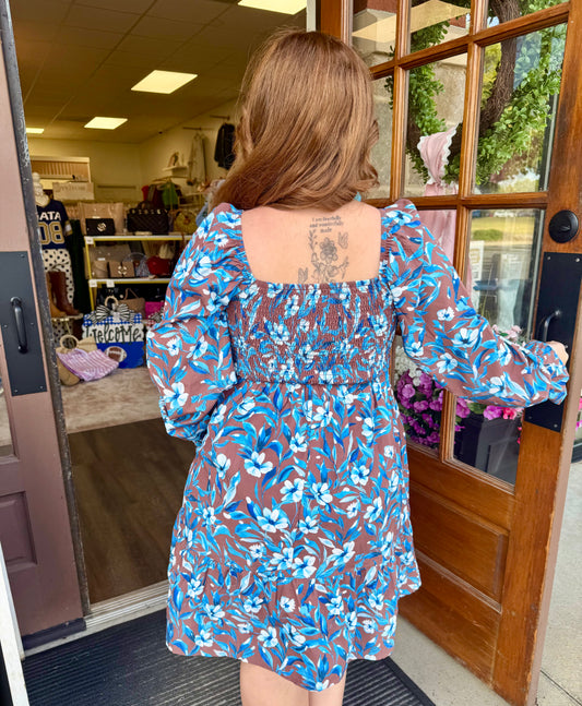 Blue Smocked Floral Dress