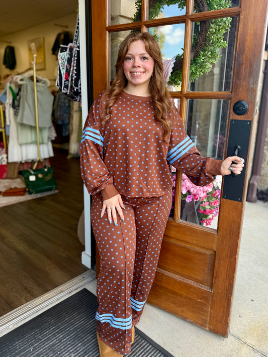 Brown & Blue Polka Dot 2pcs Lounge Set