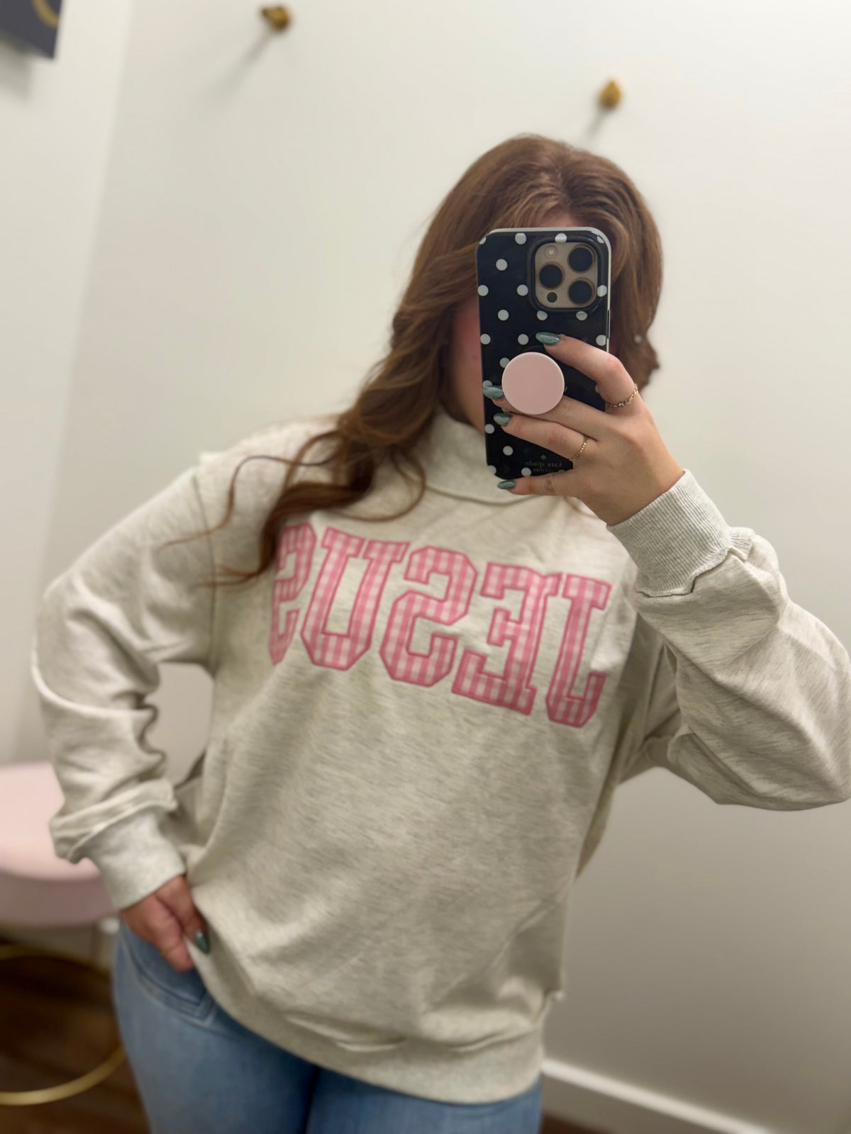 Pink Gingham Jesus Mock Neck Sweatshirt